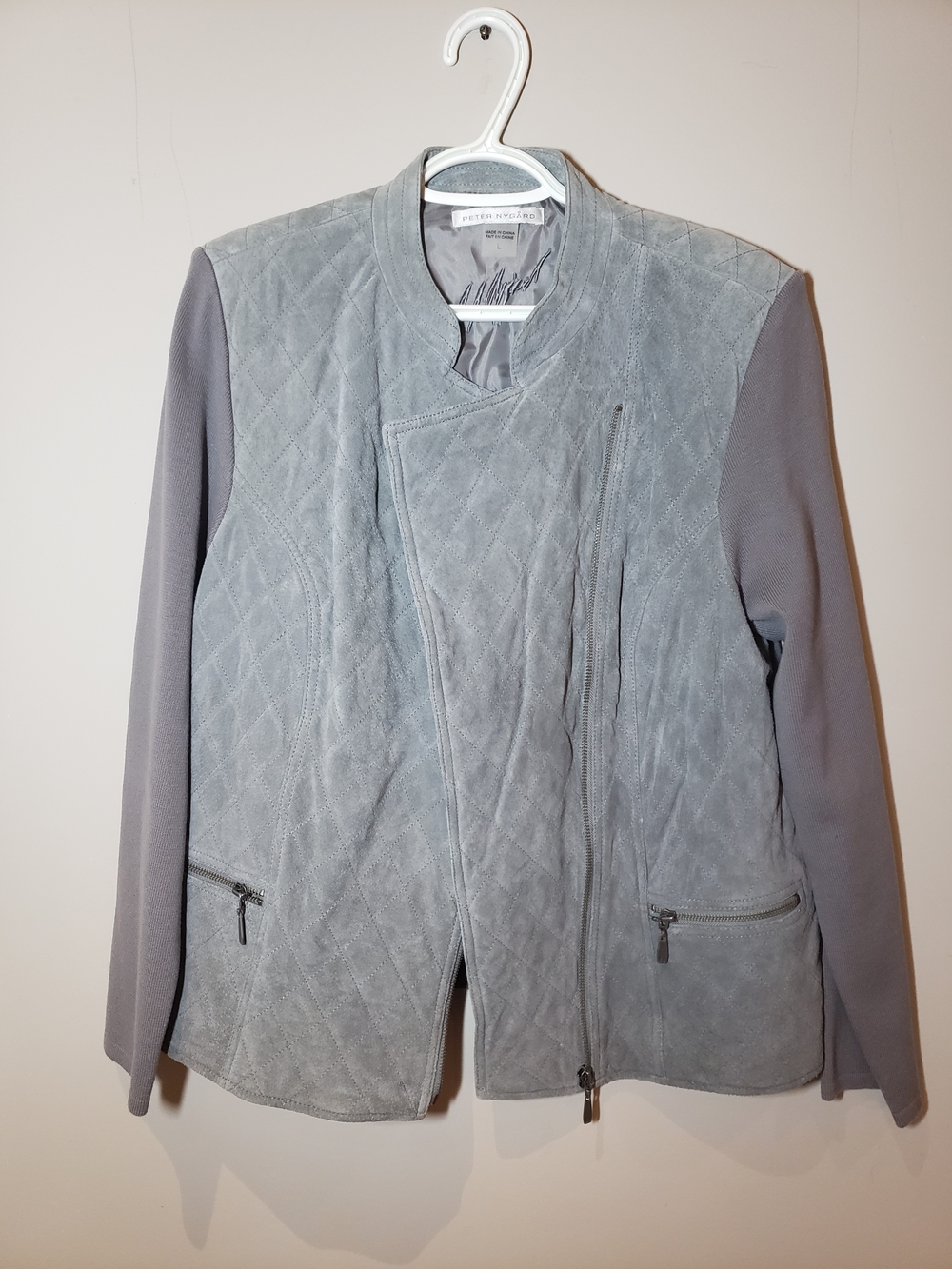 Peter Nygard Quilted Gray Suede & Knit Sleeve Jacket